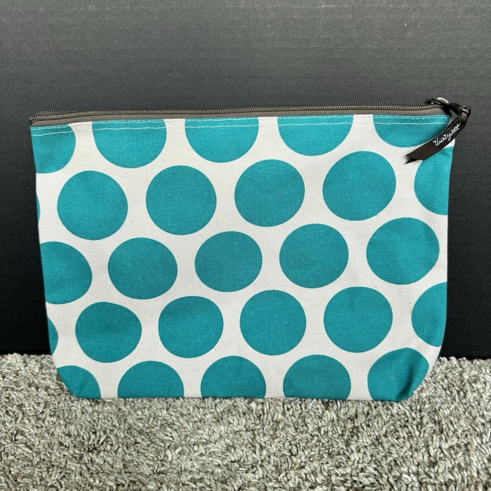 Thirty One Blue-green White Polka Dot Zipper Makeup Cosmetic Pouch 12 in x 7 in